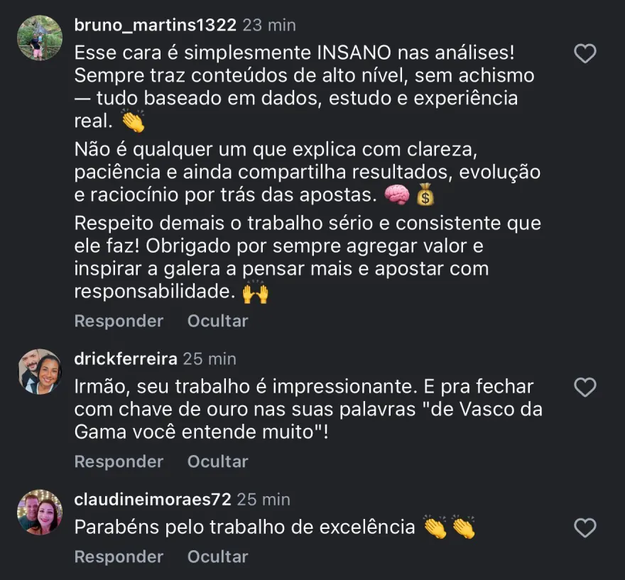 Comentários de seguidores sobre o trabalho do Mateus Caumo